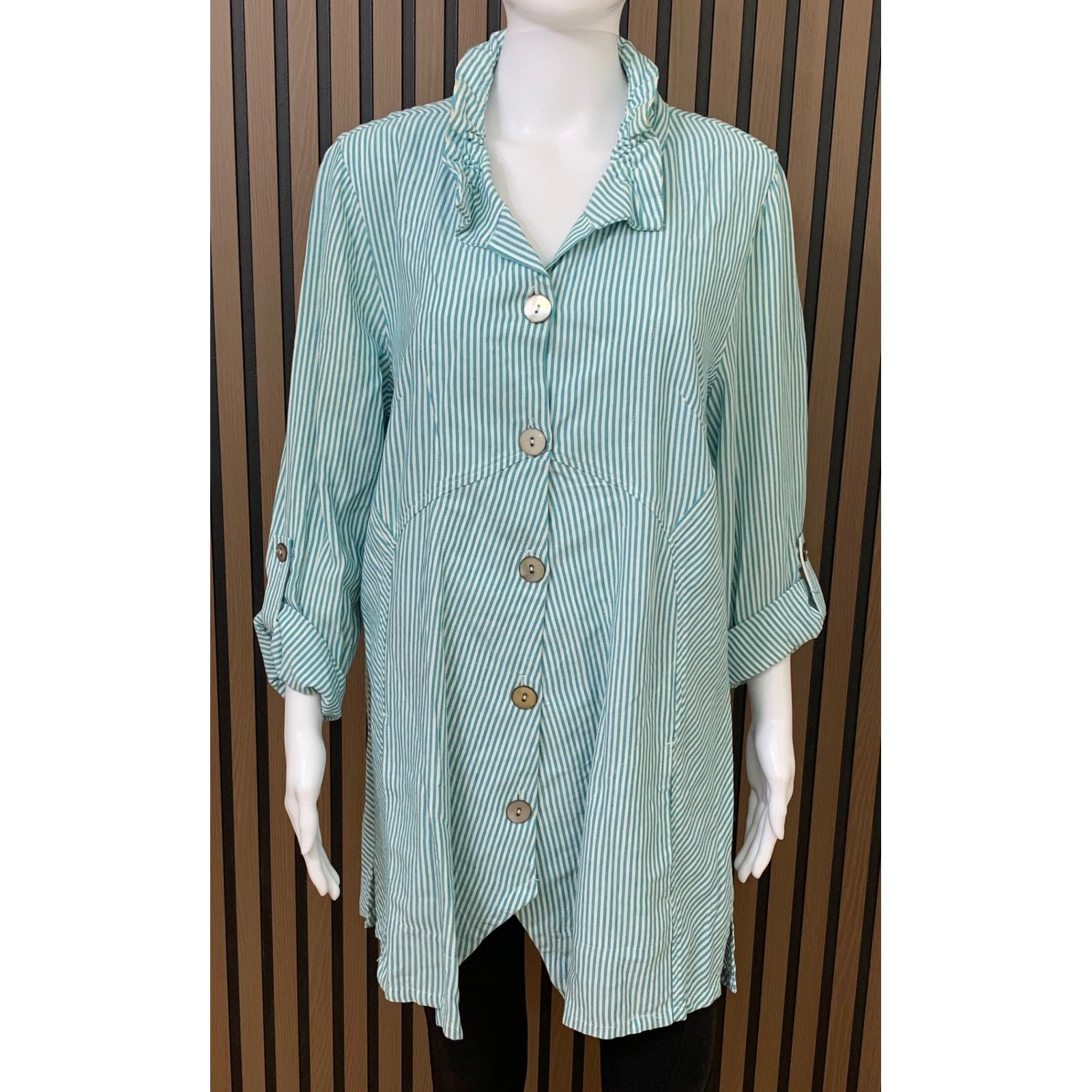 Soft Surroundings Blue Striped Button Front Tulip Back Tunic Shirt Large